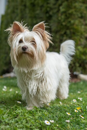 a white Yorkshire Terrier stands on green grass