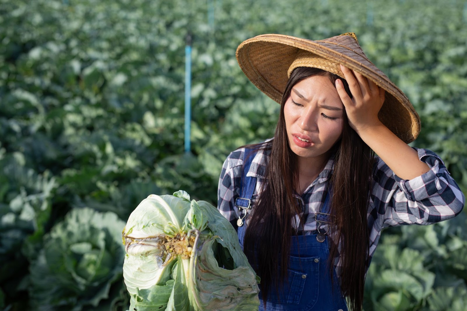 Female farmer has a headache