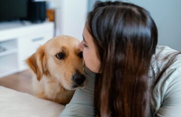 a young woman with a dog